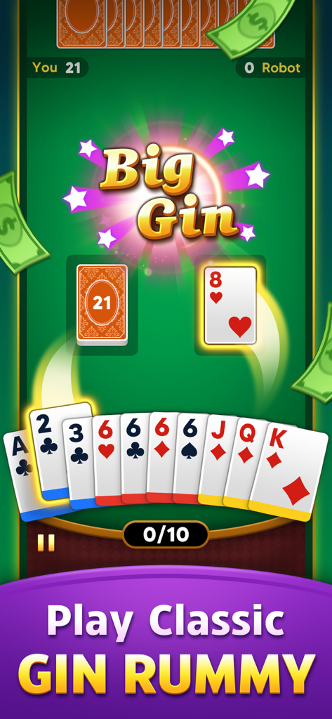 Gin Rummy: Win Real Money - A mobile screen showing a classic Gin Rummy card game with a Big Gin victory message and floating money symbols.