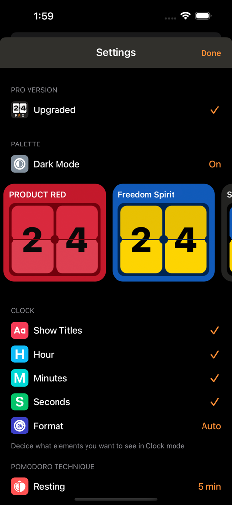 FlipClock: Always On Display - Settings screen of the FlipClock app showing theme selection dark mode and productivity options