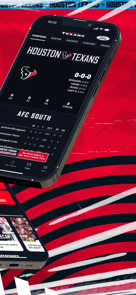 Houston Texans - Smartphone displaying the Houston Texans app overview screen with team standings and records