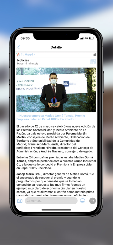 CeLeste - Uma visão detalhada de um artigo de notícias corporativas no aplicativo CeLeste relatando um prêmio de sustentabilidade concedido a uma empresa do Grupo Industrial CL.