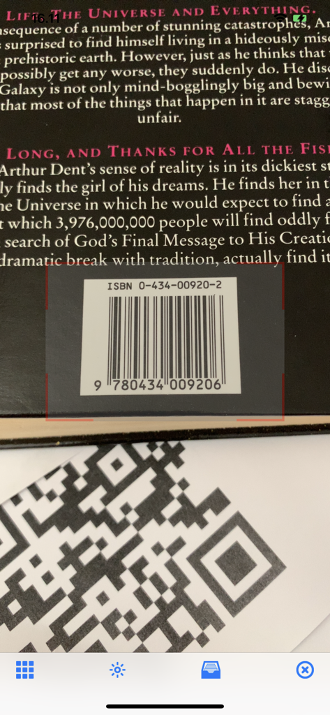 Scanning an ISBN barcode on the back of a book using the Mocha Barcode to Web Scanner mobile application.
