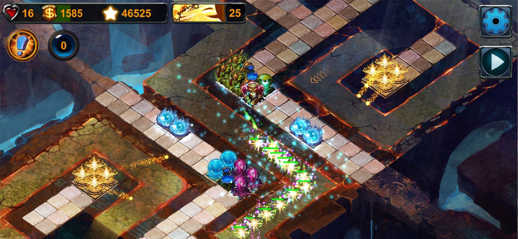 Element TD gameplay showing elemental towers attacking creeps on a tactical map