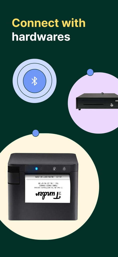 Tunder · Point of sale · POS - Tunder POS 앱은 블루투스 프린터 및 금전 등록기와의 호환성을 보여줍니다.
