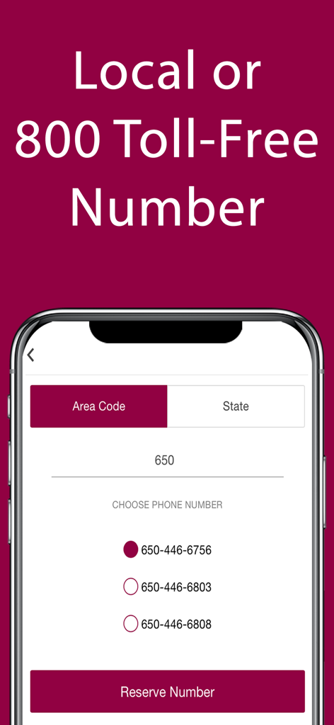 The iPlum app screen for selecting a local area code or 800 toll-free business phone number.