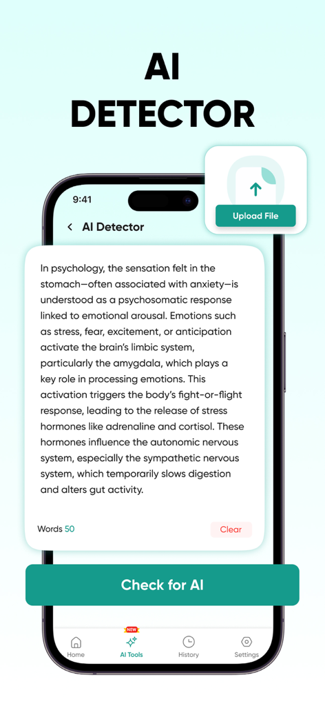 Plagiarism Checker | Detect AI - AI Detector screen showing text analysis and a check for AI button in the app