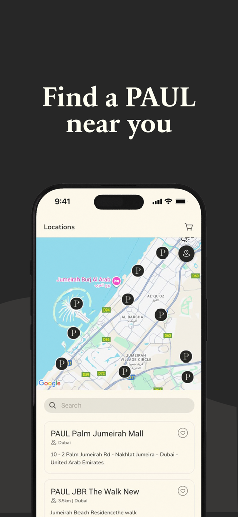 Paul Arabia - Mobile App-Bildschirm, der eine Karte mit PAUL-Bäckereistandorten in Dubai anzeigt