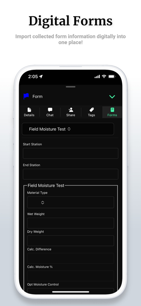 OnStation - Digital Stationing - OnStation mobile app displaying a digital field moisture test form for construction projects