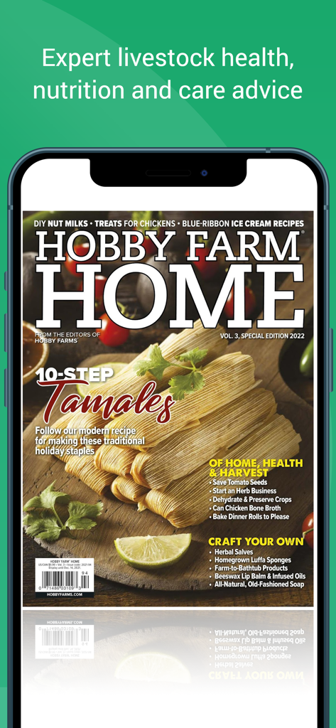 Hobby Farms Magazine - Smartphone screen showing the Hobby Farm Home magazine cover with homesteading advice and food recipes.