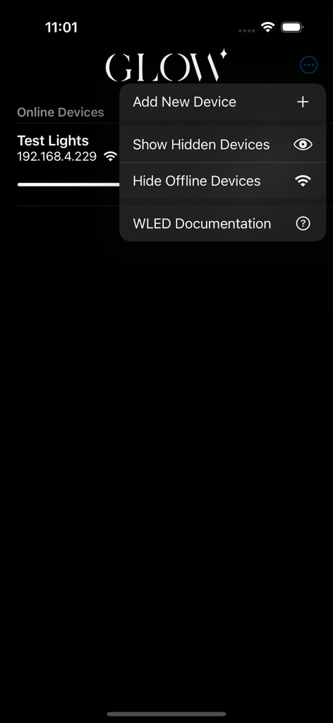 Glow Permanent Lighting - Glow app device management menu with options to add new lights and show hidden devices