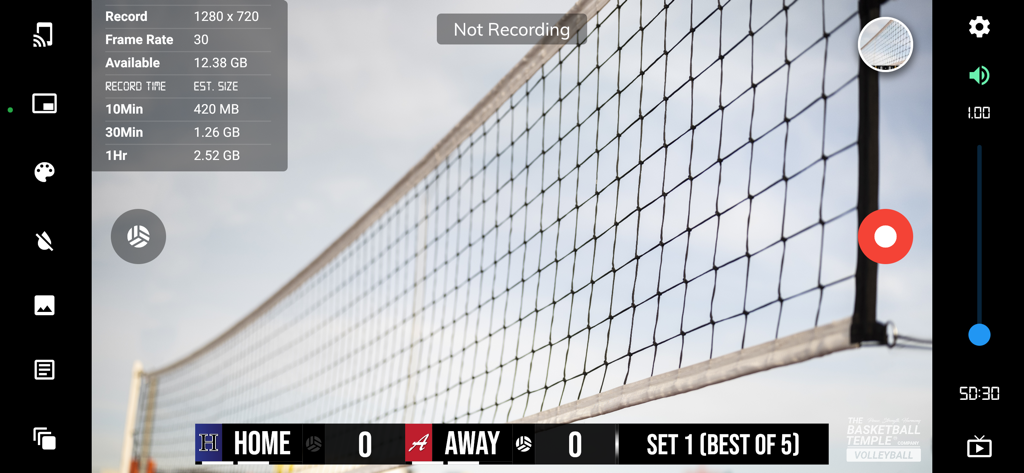 BT Volleyball Camera - Recording interface of the BT Volleyball Camera app featuring a scoreboard overlay and video capture settings
