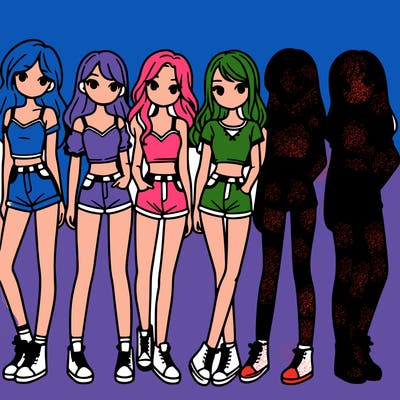 a group of girls wearing crop tops and shorts