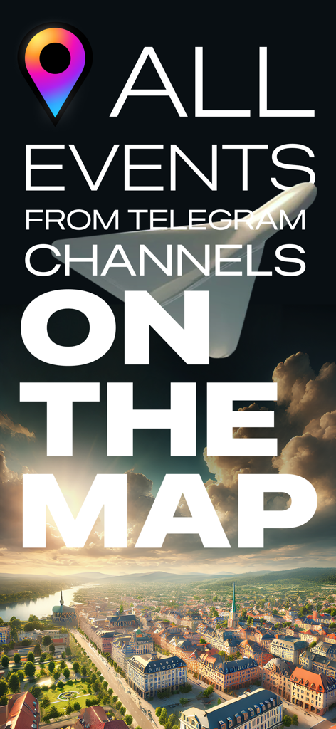 Map Alerts – Live Map Radar - Banner promocional para Map Alerts mostrando eventos de canales de Telegram fijados sobre un mapa aéreo de la ciudad