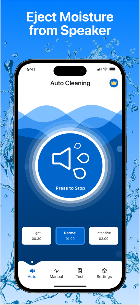iPhone interface of Water Eject app showing auto cleaning mode to remove moisture from speakers