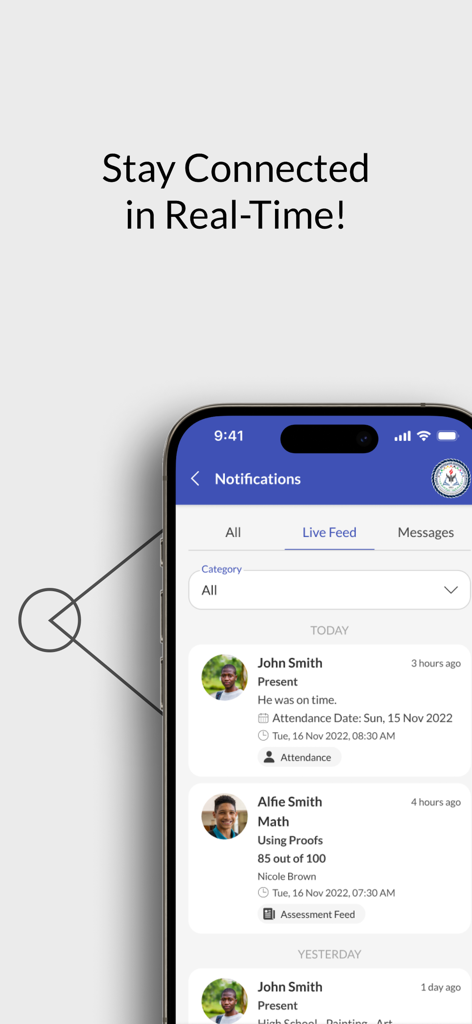 Una interfaz móvil de la aplicación Ed-admin Multi-Portal que muestra un flujo en vivo de notificaciones escolares, incluida la asistencia del estudiante y los resultados de las evaluaciones.