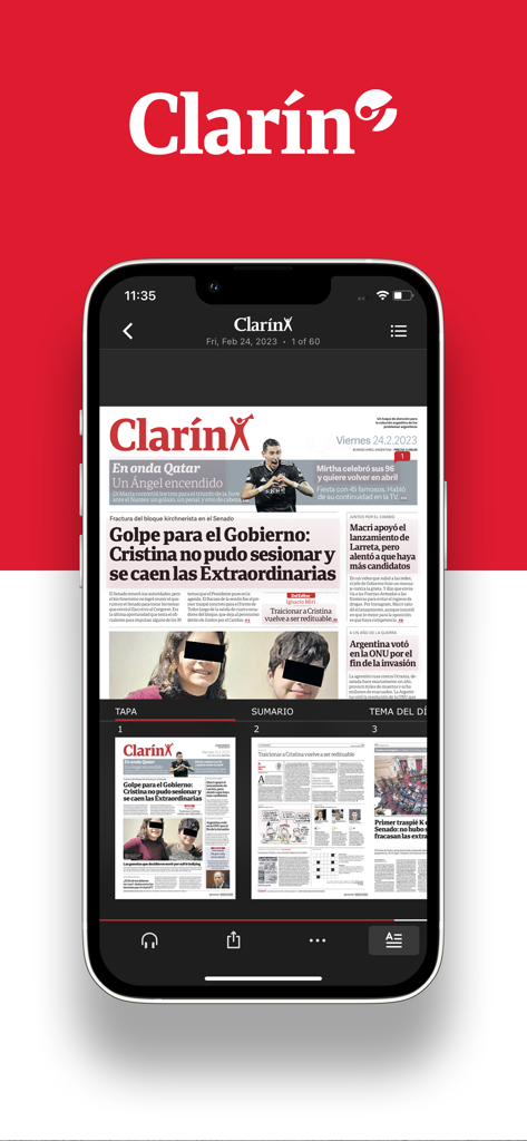 Interfaz móvil de la app Kiosco Clarín mostrando una réplica digital de una edición impresa del periódico