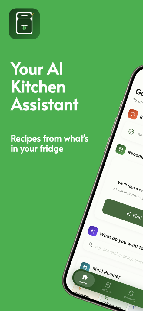 Fridgey: AI Recipe Planner - Fridgey AI Kitchen Assistant app interface showing recipes from fridge ingredients
