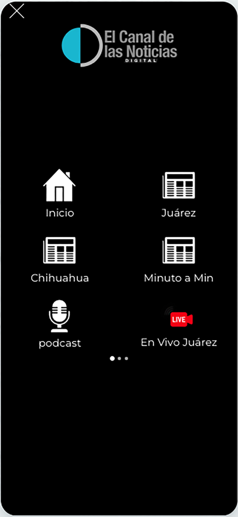 Main menu of the Canal 44 Digital app featuring navigation icons for home, local news sections, podcasts, and live streaming.
