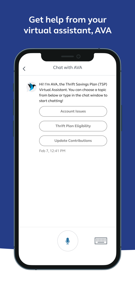 Der Chatbildschirm der Thrift Savings Plan App mit dem virtuellen Assistenten AVA für die Kontounterstützung.