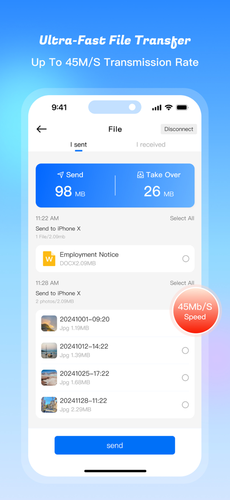 Share File：Smart Transfer Data - NeTransfer-Oberfläche, die eine ultraschnelle Dateifreigabe mit einer Übertragungsrate von 45 MB/s zeigt