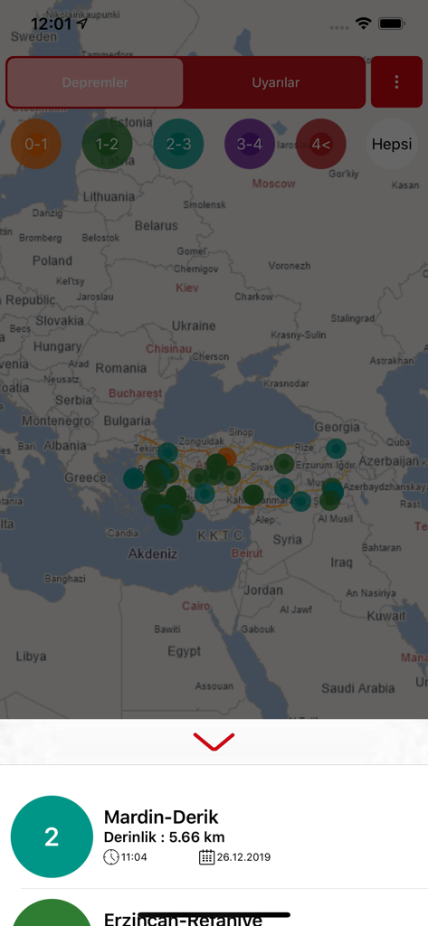 eAfad - eAfad app interface showing a map of earthquake activity in Turkey with magnitude filters and event details