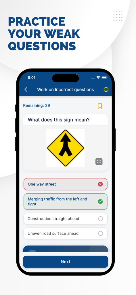 NZ Driving Theory Test 2026 - Interface do aplicativo NZ Driving Theory Test mostrando uma questão de prática sobre um sinal de trânsito de junção de tráfego