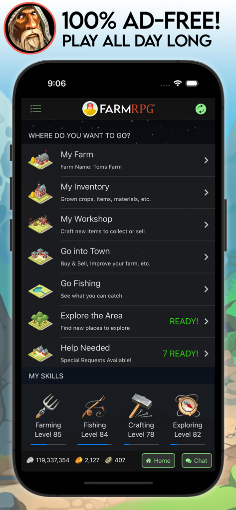 Farm RPG: Semi-Idle MMORPG - Menu principale dell'app Farm RPG che mostra opzioni di gioco, abilità del personaggio e messaggio senza pubblicità