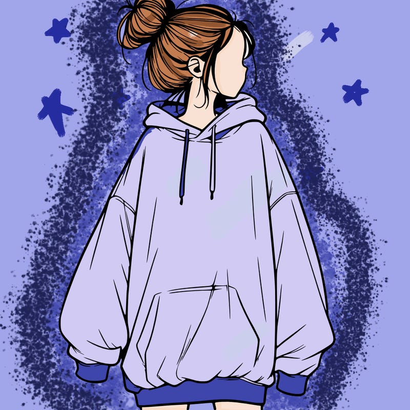 realistic girl with a oversized sweatshirt on and a bun