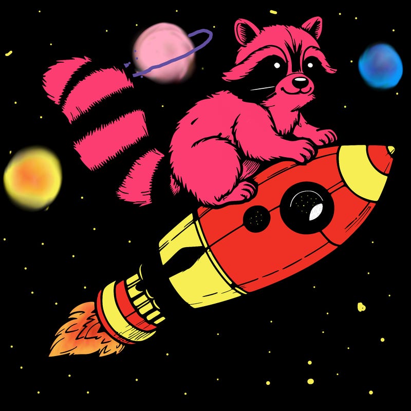 realistic raccoon flying on top rocket ship