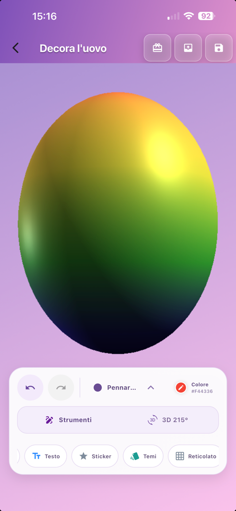 Easter Eggs 3D Painter - Un huevo de Pascua virtual 3D siendo pintado con un degradado verde y amarillo en la interfaz de diseño de la aplicación