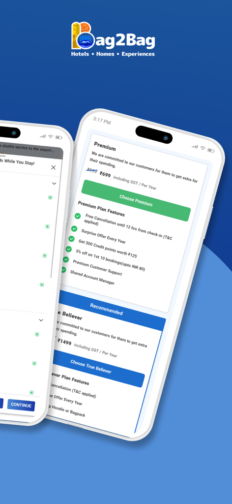 Bag2Bag 모바일 앱 화면, 인도 여행객을 위한 프리미엄 멤버십 기능 및 구독 옵션 표시