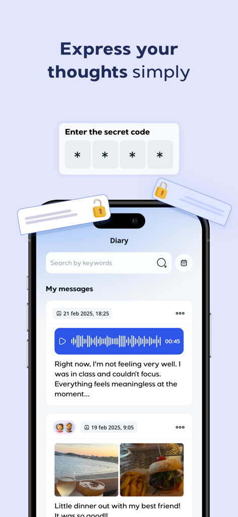 Lyynk - Oberfläche der Lyynk App, die ein privates Tagebuch mit passwortgeschützten Sprachnachrichten und Fotos zeigt