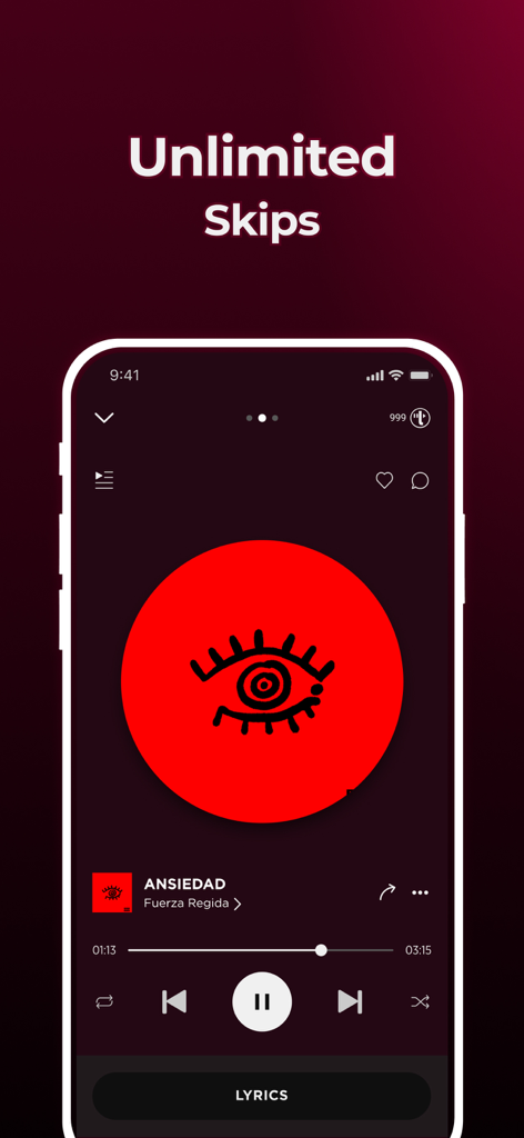 Uforia by TREBEL - Uforia by TREBEL music player screen with unlimited skips text and a Latin music track