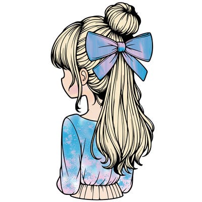 realistic girl  with hip length hair a bun and a big bow on the back of head