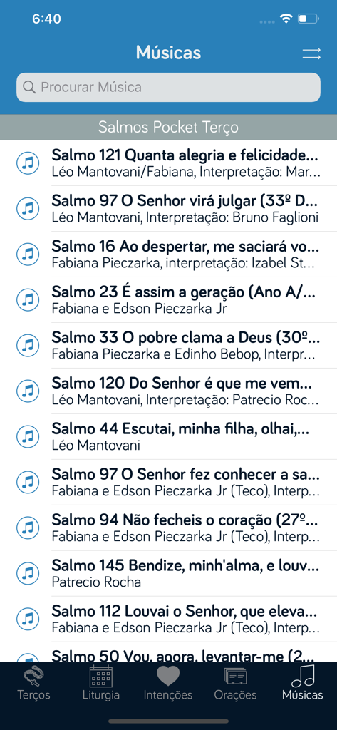 Pocket Terço - Terço de bolso - A list of Catholic psalms and religious music in the Pocket Terco app interface
