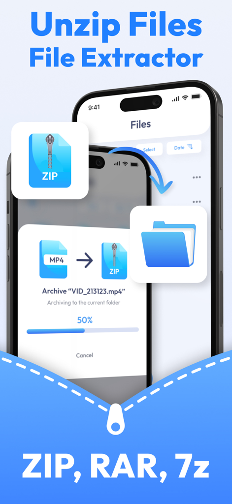 Unzip: Zip File Opener, Unrar - Interface of Unzip app for extracting and archiving ZIP and RAR files on iPhone
