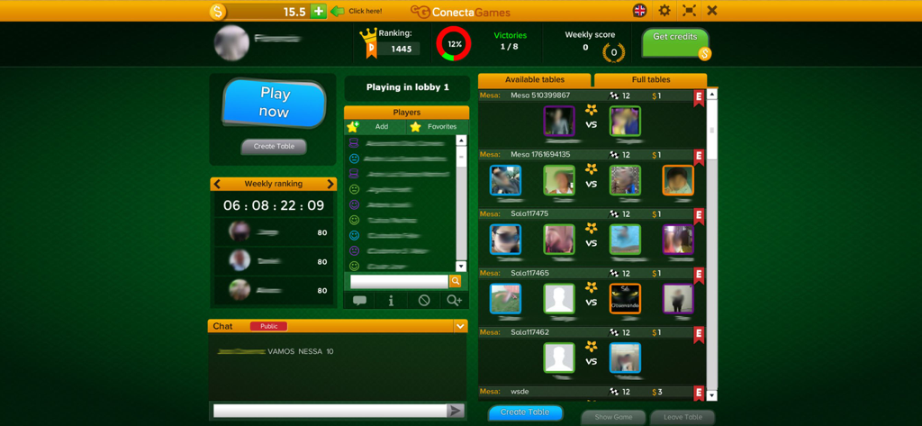 Lobby do jogo Truco Paulista e Mineiro mostrando uma lista de mesas multiplayer disponíveis e rankings semanais