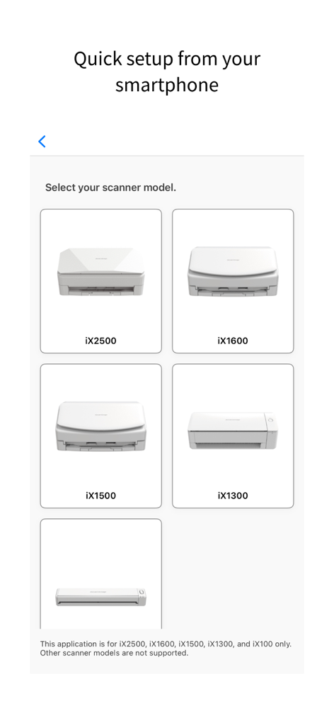 ScanSnap Home - Interface de l'application ScanSnap Home pour sélectionner un modèle de scanner lors de la configuration mobile