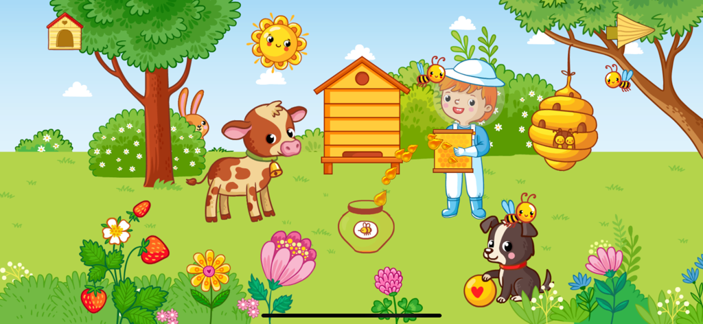 Farm animal pet games for kids - Escena animada de granja para niños con un apicultor recolectando miel con una vaca y un perro cerca