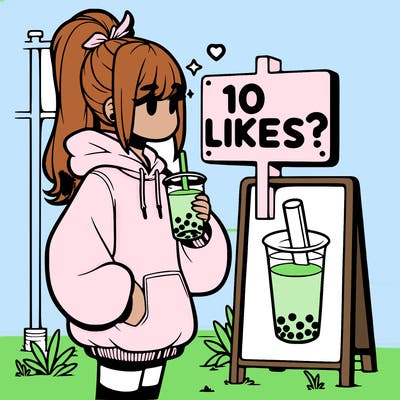 girl with oversized hoodie drinking boba and she has a high ponytail with a sign that says 10likes?