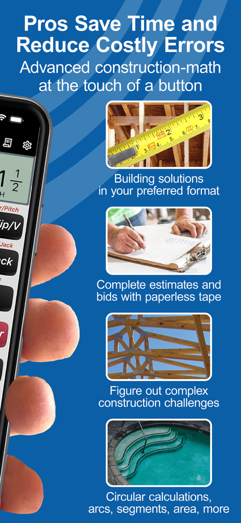 Construction Master Pro Calc - Overview of Construction Master Pro app features including building solutions, estimates, and complex math for professionals.