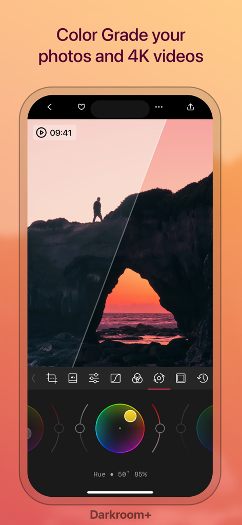 Darkroom: Photo & Video Editor - Professionelle Farbkorrektur-Oberfläche in der Darkroom-App, die eine Sonnenuntergangslandschaft mit Farbrädern zeigt