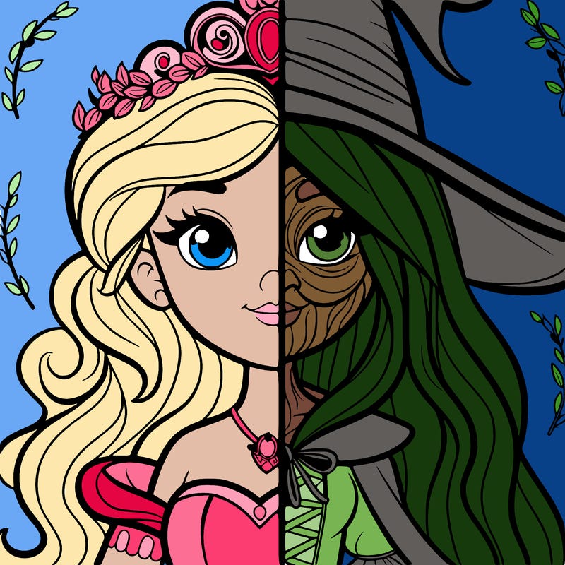 detailed realistic split of a princess and a witch