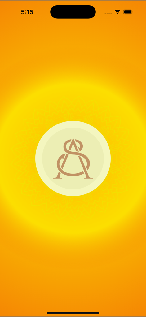 Splash screen of the GD Vashist AstroScience app featuring a central logo with the initials AS on a vibrant yellow mandala background.