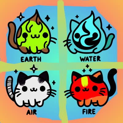 4 cats that represent the different elements, earth, water, air, and fire