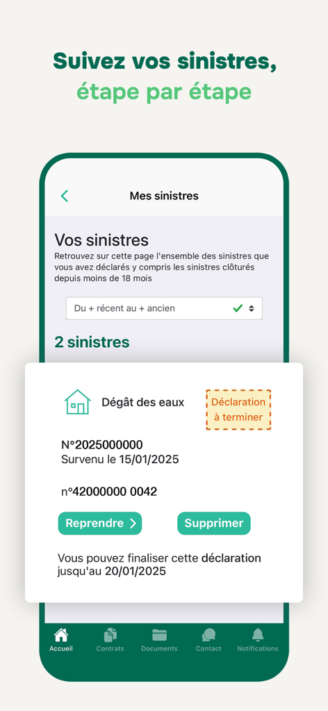 Interfaz móvil de la aplicación Groupama et moi que muestra el estado de seguimiento de los siniestros del seguro.