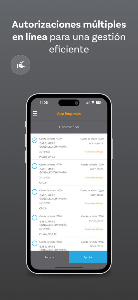 Banreservas Empresas - Interface of the Banreservas Empresas app showing a list of transactions for multiple online authorization with approve and reject buttons.