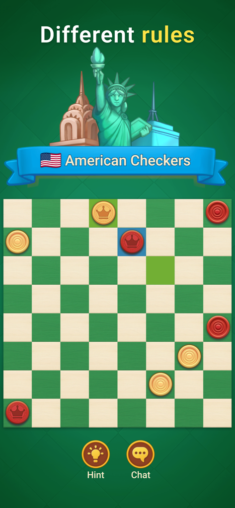 Checkers - Clash of Kings - American Checkers gameplay screen with Statue of Liberty icon