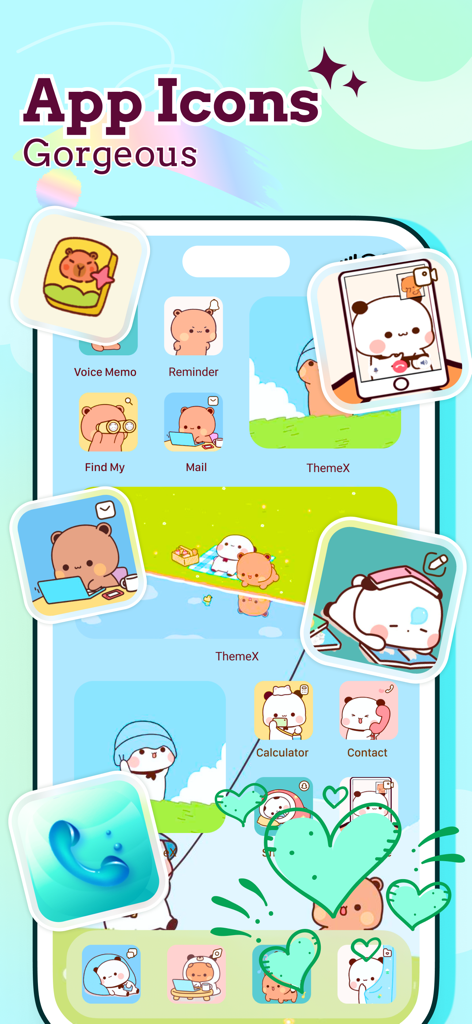 ThemeX: App Icons & My Widgets - Pantalla de inicio estética con iconos de aplicaciones y widgets de personajes lindos.