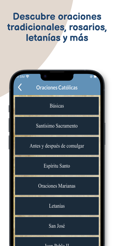 La Biblia Latinoamericana. - Una pantalla de smartphone mostrando una lista de categorías de oraciones católicas en español que incluyen oraciones básicas y oraciones marianas
