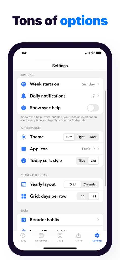 Habit Tracker - Evoday - Pantalla de configuración de la aplicación Habit Tracker Evoday que muestra varias opciones de personalización y diseño
